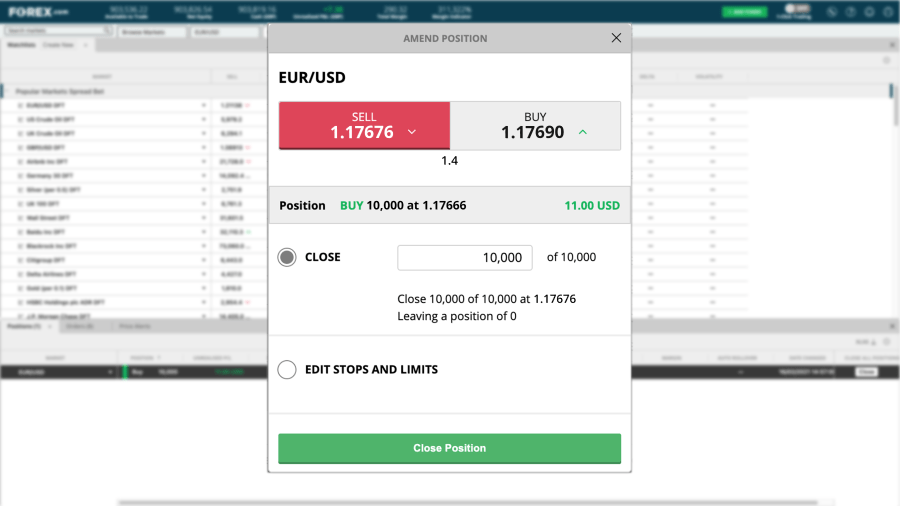 FOREX.com web trader app screen showing the closing position